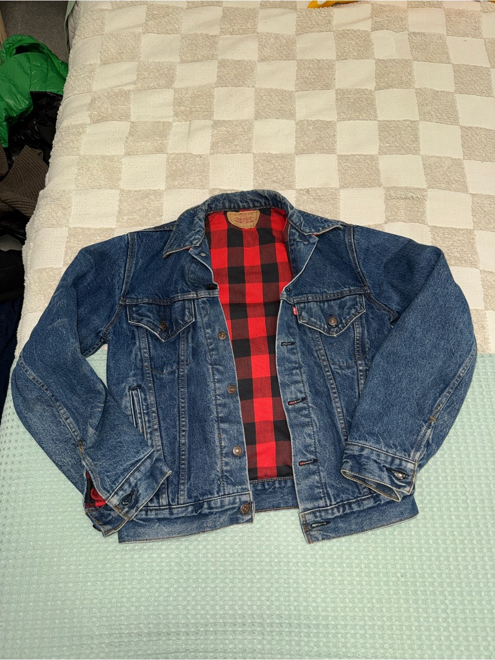 Vintage Made in USA Levi's 70411-0816 trucker jacket plaid lined size 36‎